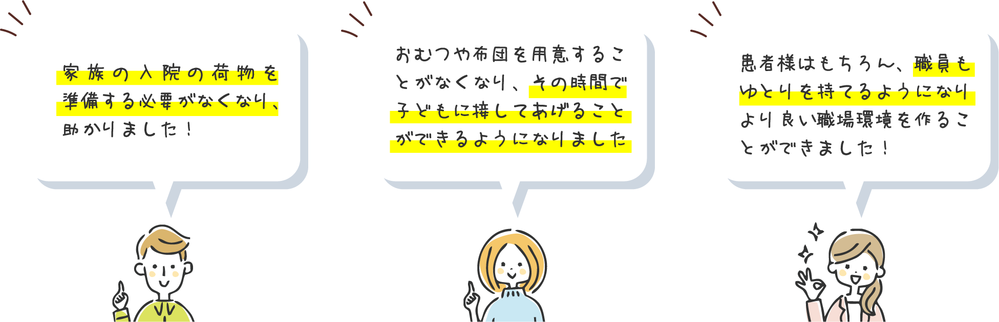 家族の入院の荷物を準備する必要がなくなり、助かりました！おむつや布団を用意することがなくなり、その時間で子どもに接してあげることができるようになりました。患者様はもちろん、職員もゆとりを持てるようになりより良い職場環境を作ることができました！